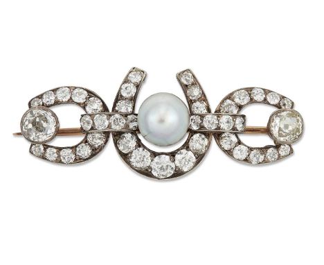 A LATE 19TH CENTURY NATURAL PEARL AND DIAMOND HORSESHOE BROOCH, a grey natural button pearl within old-cut diamond-set horses