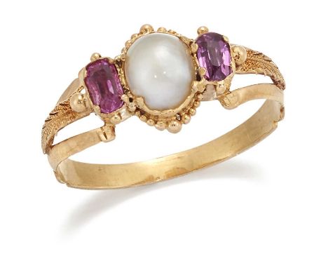 A MID 19TH CENTURY PEARL AND RUBY THREE STONE RING, an oval pearl spaced by cushion-cut rubies in closed-back settings, to fa