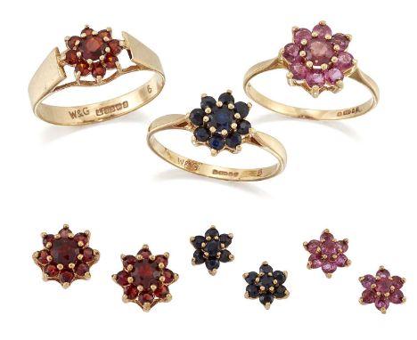 THREE 9 CARAT GOLD CLUSTER RING AND EARRING SETS, comprising A RUBY SET, hallmarked London 1982, ring size L; A SAPPHIRE SET,