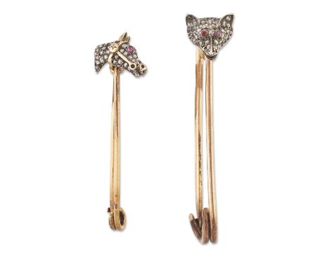 TWO LATE 19TH CENTURY DIAMOND AND RUBY NOVELTY HUNTING FOX AND HORSE HEAD BAR BROOCHES, each pavé-set with diamonds and with 