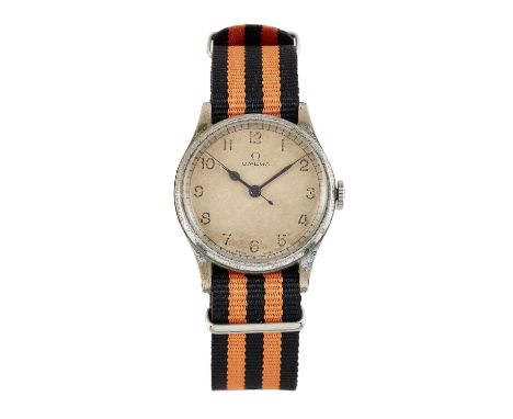 AN OMEGA FLEET AIR ARM ISSUE MILITARY WATCH, the circular white dial with blued steel hands and Arabic index signed Omega, ci