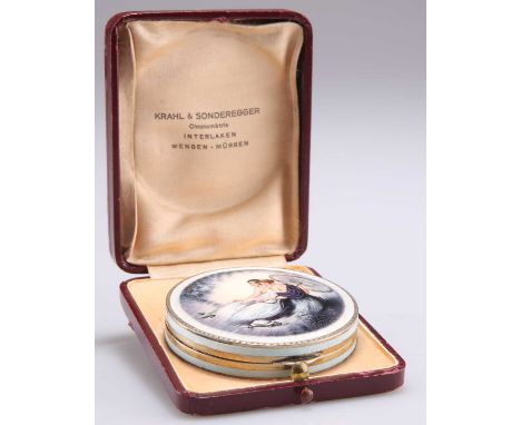 A CONTINENTAL ART DECO SILVER-GILT AND ENAMEL COMPACT, 935 grade, probably Swiss, circular, the cover enamelled with two ladi