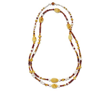 A CULTURED PEARL, AMBER AND GEMSTONE BEAD NECKLACE, cultured pearls spaced by rough, faceted and smooth polished amber, facet