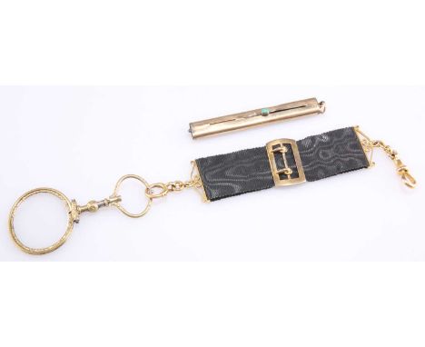 A 15 CARAT GOLD-MOUNTED BLACK SILK PENDANT, with yellow-metal lorgnette; together with A MORDAN 9 CARAT GOLD PROPELLING PENCI