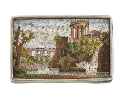 A 19TH CENTURY ITALIAN MICRO-MOSAIC PANEL, the rectangular plaque depicting the Temple of the Sybil at Trivoli, to a foliate 