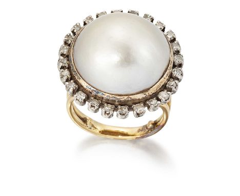 A MABE PEARL AND DIAMOND CLUSTER RING, a mabe pearl within a border of eight-cut diamonds, to forked shoulders. Estimated tot