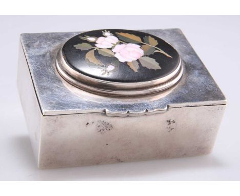 A VICTORIAN SILVER AND PIETRA DURA STAMP BOX, by Deakin &amp; Francis Ltd, Birmingham 1895, rectangular, the hinged cover cen