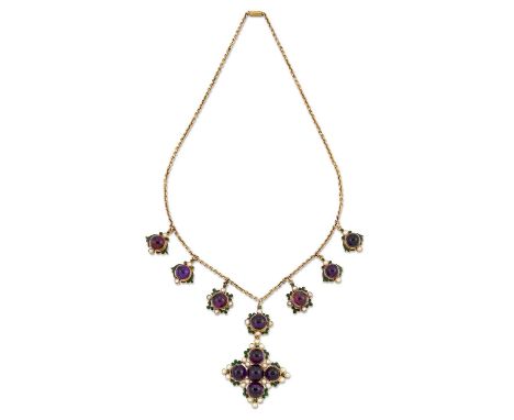 A LATE 19TH CENTURY AMETHYST, SEED PEARL AND ENAMEL PENDANT NECKLACE, the cruciform pendant set with round cabochon amethysts