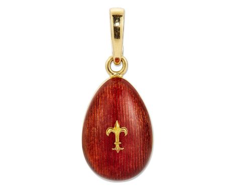 VICTOR MAYER FOR FABERGÉ - A LIMITED EDITION 18 CARAT GOLD GUILLOCHE ENAMEL EGG PENDANT, in orange-pink enamel with a fleur-d