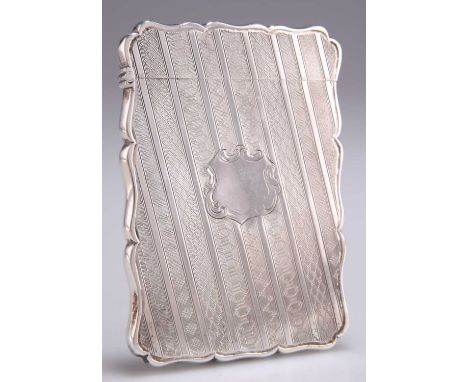 A VICTORIAN SILVER CARD CASE, by Edward Smith, Birmingham 1865, shaped rectangular with hinged cover, decorated with engine-t