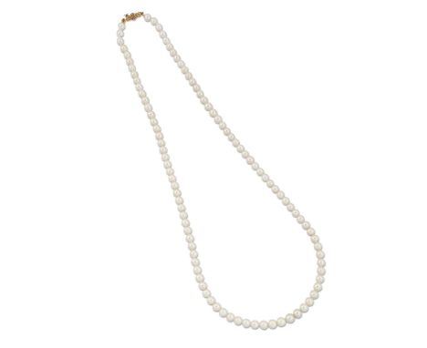 A CULTURED PEARL NECKLACE, a stand of slightly graduated cultured pearls strung to a seed pearl-set barrel clasp. 46cm longGo