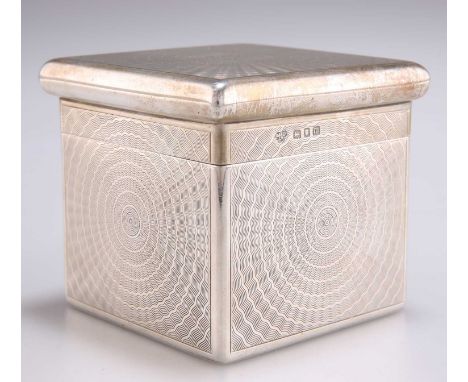 A GEORGE V SILVER BOX, by Goldsmiths &amp; Silversmiths Co Ltd, London 1927, cube-form with pull-off cover, geometric engine-