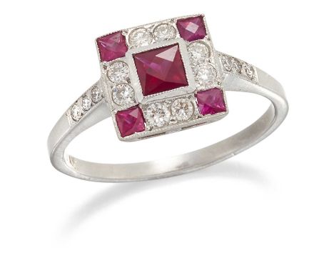 A RUBY AND DIAMOND CLUSTER RING, a square-cut ruby within a square milgrain border of rubies and round brilliant-cut diamonds