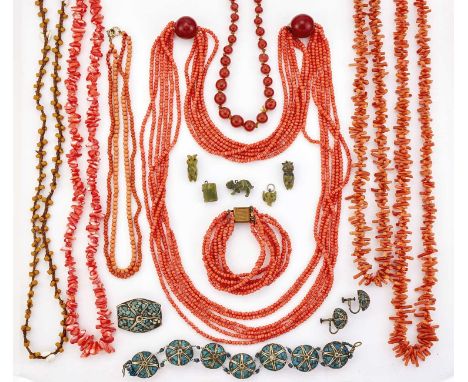A TWO STRAND CORAL BEAD NECKLACE; TWO BRANCH CORAL NECKLACES; AN IMITATION CORAL NECKLACE AND PAIR OF BRACELETS; A DYED MOTHE