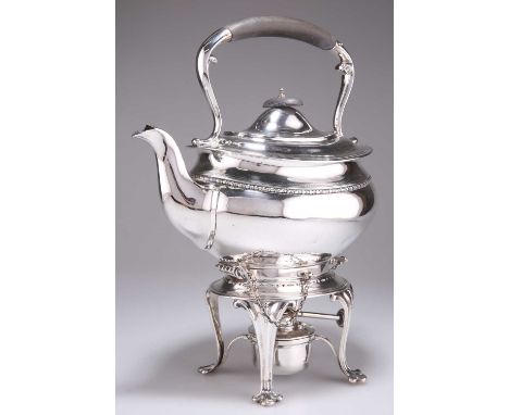 AN EDWARDIAN SILVER TEA KETTLE ON STAND, by Charles Clement Pilling, Sheffield 1909, oval, the kettle with bead and reel band