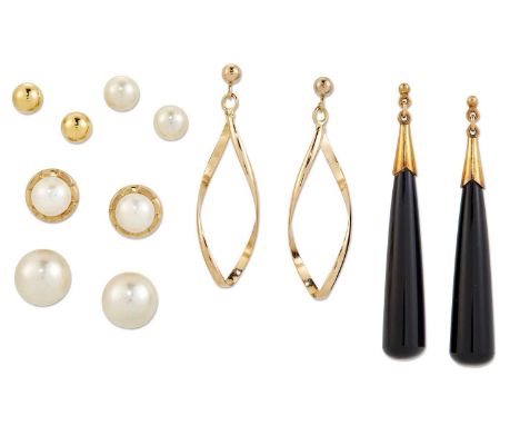 SIX PAIRS OF EARRINGS, comprising: A PAIR OF ONYX PENDANT EARRINGS, marked '9CT', 4.2cm long; A PAIR OF TWISTED HOOP PENDANT 