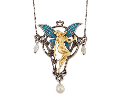 A PLIQUE A JOUR, OPAL AND PEARL PENDANT NECKLACE, a fairy with blue plique a jour enamel wings, within a foliate scroll frame