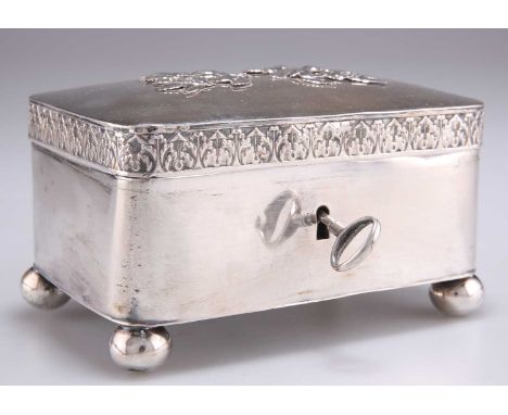 A 19TH CENTURY DUTCH SILVER TEA CADDY, rounded rectangular with hinged cover, the lid applied with floral sprays, raised on b