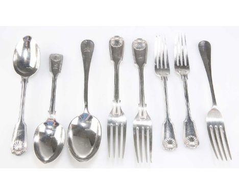 TWO VICTORIAN SILVER FORKS, TWO DESSERT SPOONS AND TWO SMALL FORKS, by George Lambert, London 1898, Fiddle, Thread &amp; Shel