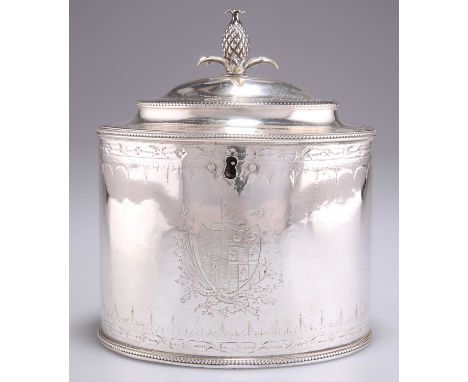 A GEORGE III SILVER TEA CADDY, by Thomas Daniell, London 1785, with incuse duty mark, oval, the hinged cover with open bud-fo