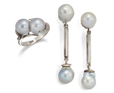 A CULTURED PEARL RING AND EARRING SET, the ring set with a 'conjoined' cultured pearl in a leaf motif setting, the earrings a