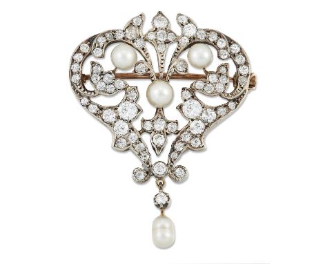 AN EARLY 20TH CENTURY NATURAL SALTWATER PEARL AND DIAMOND BROOCH, three natural button pearls within an old-cut diamond-set f