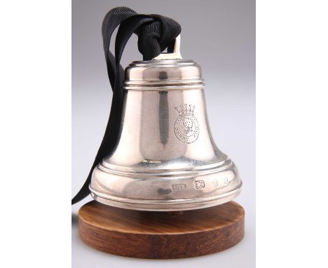 AN ELIZABETH II SILVER BELL, by Anthony Gordon Elson, London 1979, engraved 'Derby 200' within a crest, on a wooden stand and