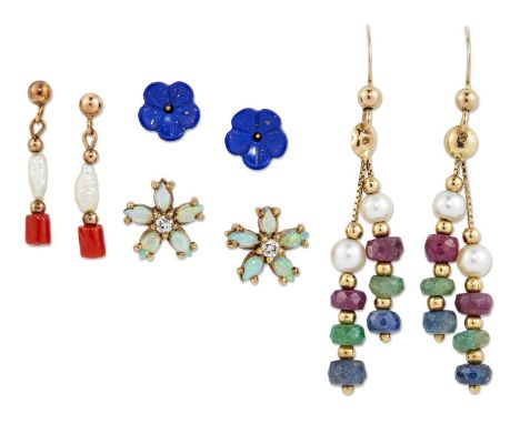 FOUR PAIRS OF EARRINGS, comprising: A PAIR OF 9 CARAT GOLD DIAMOND AND OPAL CLUSTER EARRINGS, 1cm diameter; A PAIR OF LAPIS L