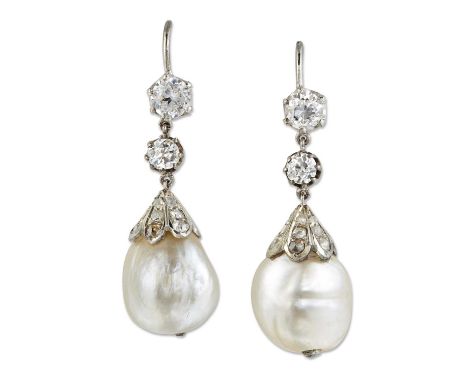 A PAIR OF NATURAL SALTWATER PEARL AND DIAMOND PENDANT EARRINGS, natural pearls suspended from diamond-set cupules to old-cut 