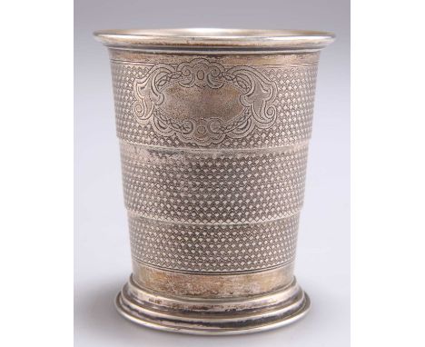 A 19TH CENTURY GERMAN SILVER COLLAPSIBLE BEAKER CUP, the tapering cylindrical body with engine-turned ground, stamped marks. 