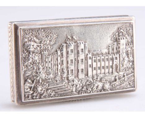 AN EARLY VICTORIAN SILVER CASTLE-TOP SNUFF BOX, by Nathaniel Mills, Birmingham 1838, rectangular, the hinged cover decorated 