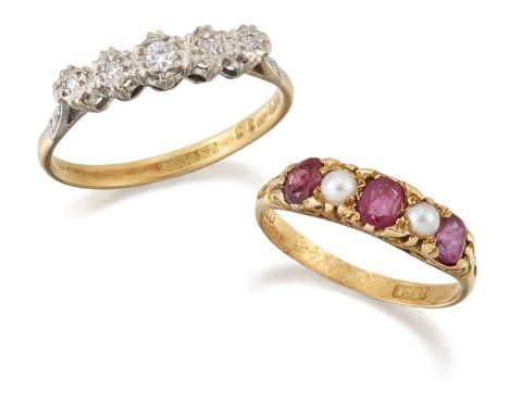 A RUBY AND SPLIT PEARL RING, three oval-cut rubies spaced by split pearls, above a carved gallery, marked ‘18CT’, ring size L