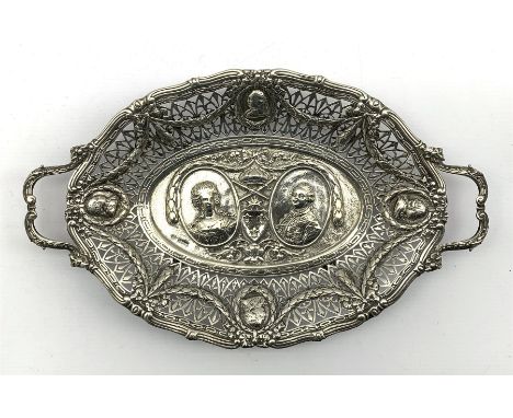 19th century Continental oval two handled dish embossed with portrait panels of Louis XVI and Marie Antoinette within a pierc