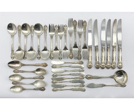 Suite of Gorham Sterling silver King Edward pattern cutlery comprising six silver handled table knives, four table forks, six