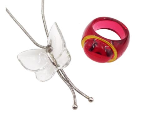 Baccarat silver crystal butterfly pendant necklace, stamped 925 and Baccarat ruby glass and gilt ringClick here to view furth