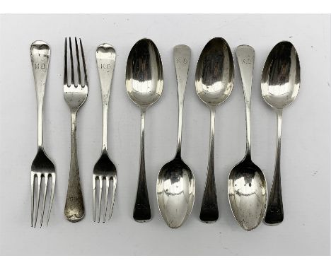 Set of five silver Old English pattern dessert spoons initialled 'K.D.  a matching fork Sheffield 1913 Maker James Dixon and 