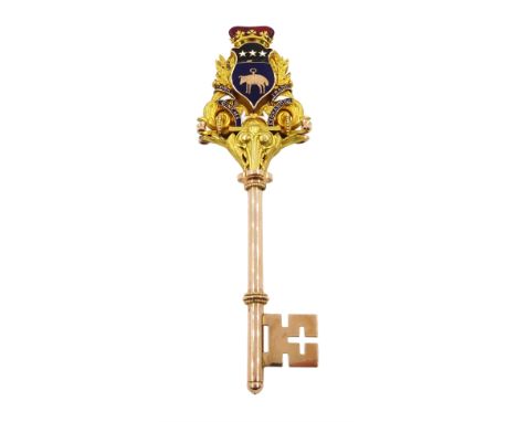 Yorks Cinema Trade Exchange 9ct gold and enamel presentation key, with Leeds City enamel crest, presented to Sir William Jury