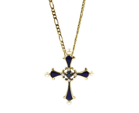 'Sapphire Midnight Cross' from The House of Igor Carl Faberge for Franklin Mint, 14ct gold blue enamel cross, set with diamon