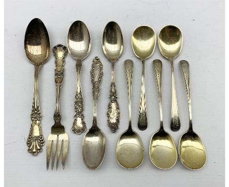 American sterling silver cutlery by Gorham comprising five fruit spoons with engraved stems, pair of sterling teaspoons, one 
