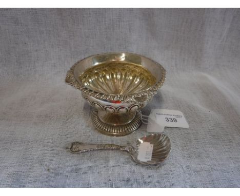 A VICTORIAN SILVER BOWL on pedestal base and a white metal caddy spoon (2)