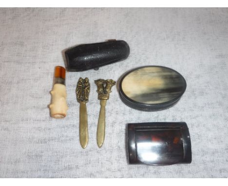 A HORN SNUFF BOX, a Meerschaum cigarette holder and others