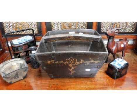 AN ORIENTAL WOODEN BASKET of square form, another smaller, two blue and white ceramic inset boxes and similar items