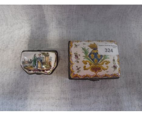 AN ENAMEL SNUFF BOX decorated with figures in a classical landscape and a similar rectangular box decorated with a Royal Coat