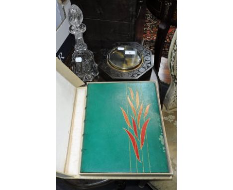 A 1920S OAK-CASED BAROMETER , retailed by 'Braybrooke Dorchester' , a glass decanter and 'The dictionary of garden plants' (3