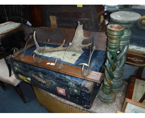 A SET OF FOUR EARLY 20TH CENTURY HOOKS on an oak board, a vintage trunk and similar items