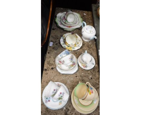 TWO CLARICE CLIFF CUP, SAUCER AND PLATE TRIOS, A SHELLEY 'WILD FLOWERS' CABARET SET, similar Shelley and other china
