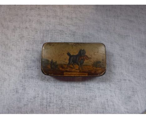 A PAPIER MACHE SNUFF BOX decorated with a hound carrying a rabbit 'To Be Delivered Immediately'