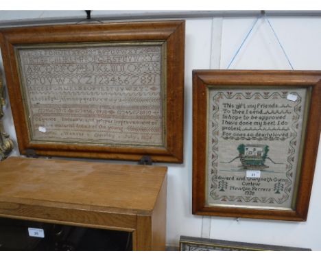 A 19TH CENTURY SAMPLER, 'Harriet Weaver Dursley July 1836' in an original maple frame and a similar later sampler, 'Edward an