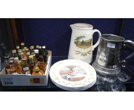 A LARGE 'RINGWOOD BREWERY' CERAMIC JUG, similar plates, a large pewter tankard and a collection of miniature bottles of alcoh