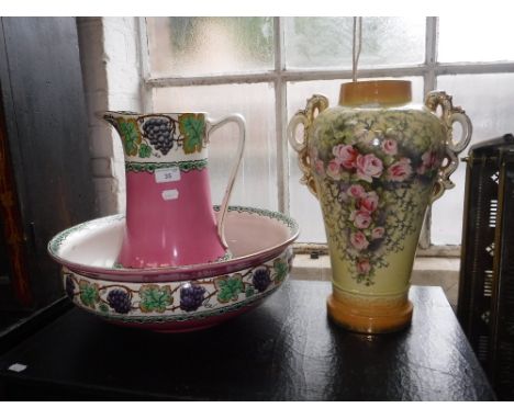 AN EDWARDIAN JUG AND BOWL and similar ceramic vase decorated with roses